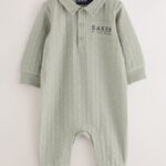 Baker by Ted Baker Sage Green 'T' Textured Long Sleeve Polo Romper - Pre-order | Baker - ملابس أطفال أصلية