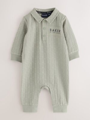 Baker by Ted Baker Sage Green 'T' Textured Long Sleeve Polo Romper - Pre-order | Baker - ملابس أطفال أصلية