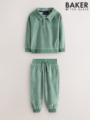 Baker by Ted Baker Green Velour Long Sleeve Rugby Top And Joggers Set - Pre-order | Baker - ملابس أطفال أصلية
