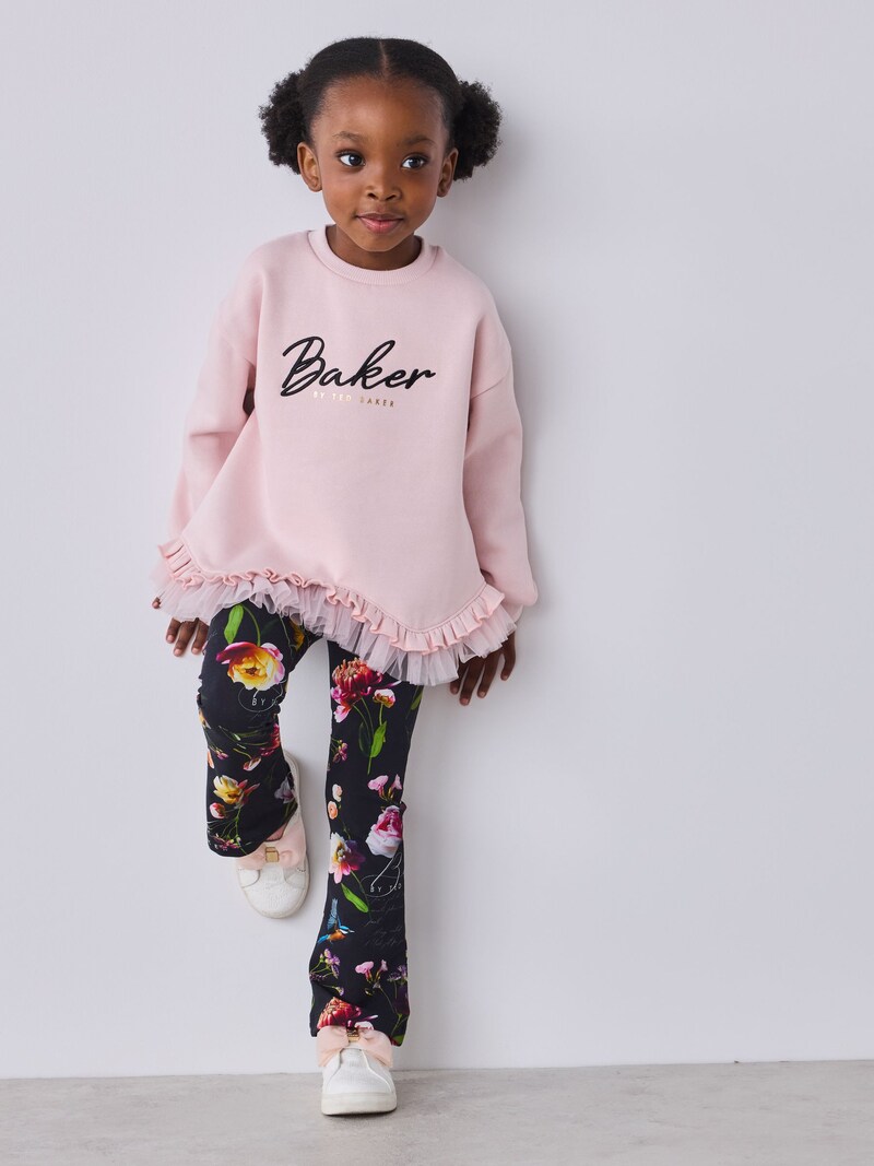 Baker by Ted Baker Pink Frill Hem Sweat Top & Printed Flare 2 Piece Set - Image 2
