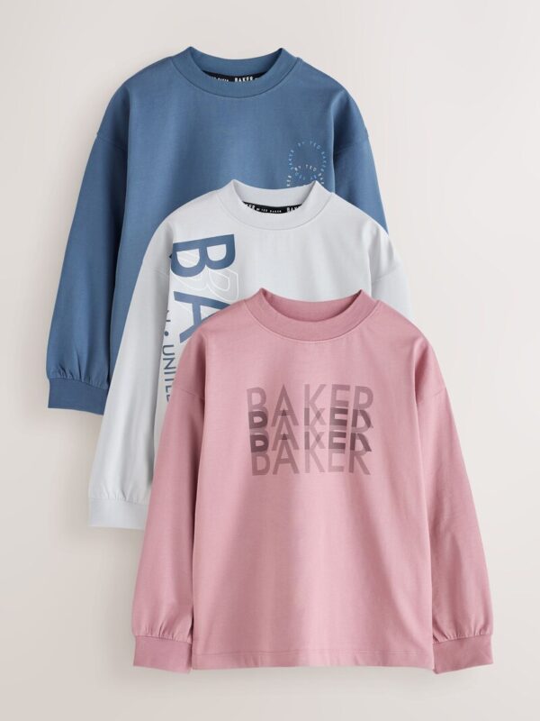 Baker by Ted Baker Blue/Grey/Pink 3 Pack Long Sleeve Graphic T-Shirts