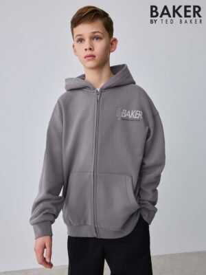 Baker by Ted Baker Charcoal Grey Oversized Graphic Zip Through Hoodie - Pre-order | Baker - ملابس أطفال أصلية