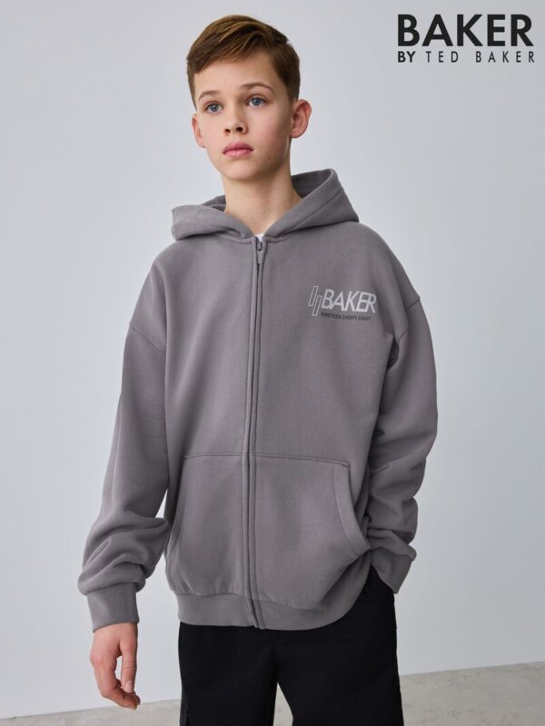Baker by Ted Baker Charcoal Grey Oversized Graphic Zip Through Hoodie - Pre-order | Baker - ملابس أطفال أصلية