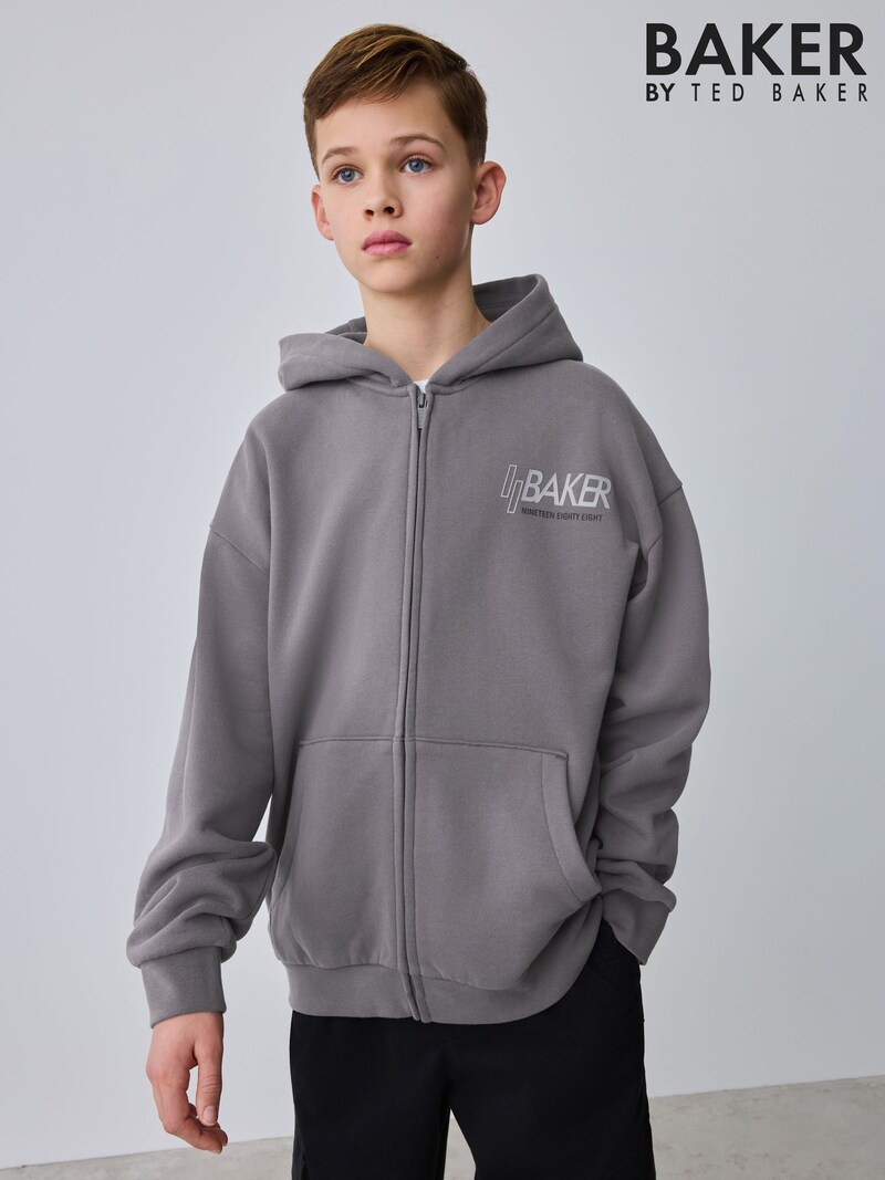 Baker by Ted Baker Charcoal Grey Oversized Graphic Zip Through Hoodie - Pre-order | Baker - ملابس أطفال أصلية