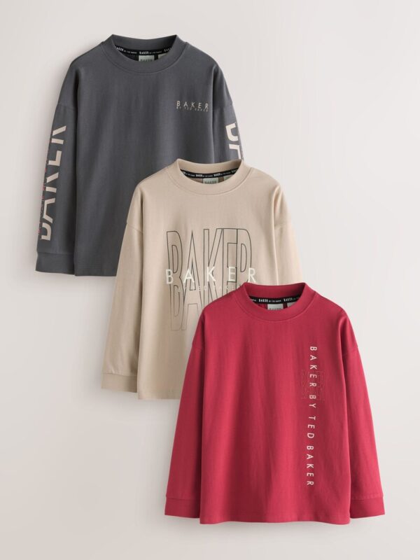 Baker by Ted Baker Stone/Red/Charcoal 3 Pack Long Sleeve Graphic T-Shirts